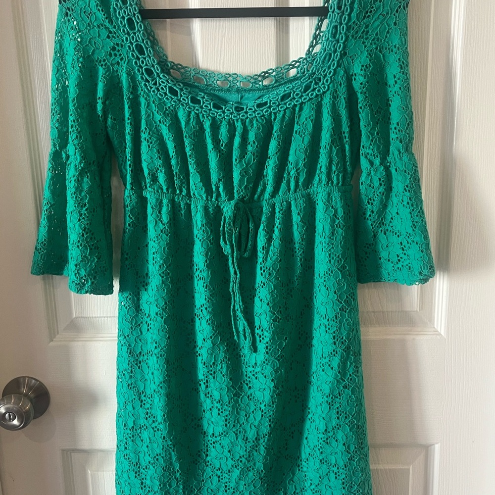 Laundry Flounce Sleeve Drawstring Lace Dress xs Teal